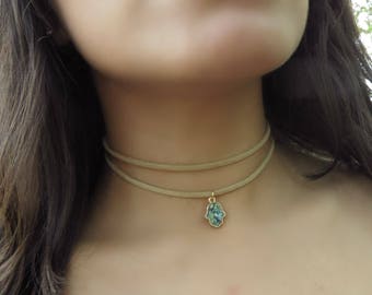 Hamsa Choker, Opal Choker Necklace, Double Suede Choker, Layering Choker, Choker Necklace, Dainty Choker Necklace, Yoga Minimalist Choker