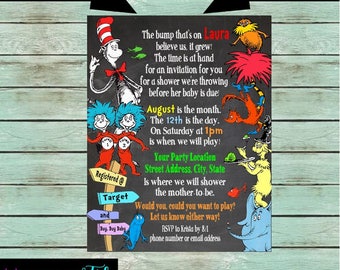 Dr. Seuss Cat Hat Thing 1 & 2 Horton Lorax Green Eggs Sam Fox Socks Baby Shower Party Chalkboard Invitations Invites ~ We Print and Mail
