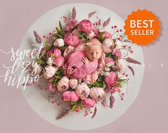 Floral Newborn Digital Backdrop. Attractive Newborn overlay with flowers. Digital background for baby girls. Photo JPG file