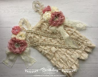 1st Birthday Girl Outfit| Baby Girl Romper| Girl Photo Outfit| First Birthday Girl Outfit| Cake Smash Outfit| Vintage Lace Romper|6-18 Month