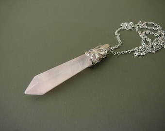 Rose quartz necklace Natural rose quartz silver pendant Healing crystal long necklace Reiki point necklace Rose Quartz crystal jewelry