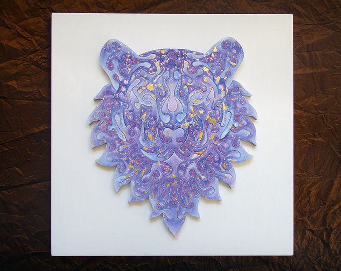 Puzzle Art: Lion; Wooden Handmade, Purple Golden Flakes, Ready To Hang Smart Toy, Adult Gift, Wall Decor, Acrylic On Pieces by Samo Svete