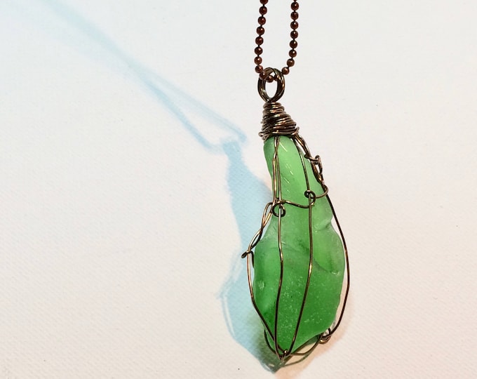 Large Green Authentic Lake Michigan Beach Glass - Wire Wrapped bronze wire - For Her - Beautiful Necklace