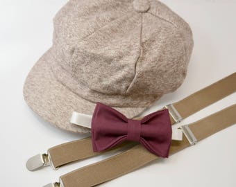 Bow Tie Suspenders Newsboy Cap Hat / Dark Wine Burgundy Bow Tie / Taupe Suspenders / Kids Baby Page Boy Outfit Set / size 8 mon - 10 Years