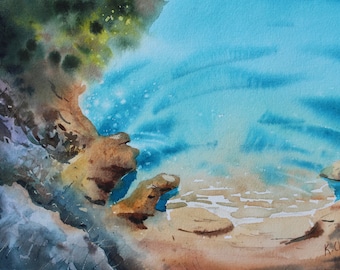 ORIGINAL Watercolor Painting - Turquoise Seashore landscape - Seacoast - seashore paintings - turquoise sea - nature art - Nature landscape