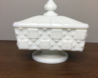 Vintage Westmoreland Old Quilt / Block & Star Milk Glass Compote with Lid - Wedding