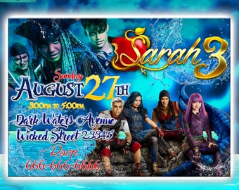 Descendants 2 digital printable invitation, wicked world, mal party, evie birthday, personalized, customized, jay, carlos, evil, ursula,kit