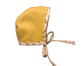 Baby Bonnet, Mustard Baby Bonnet, Floral Bonnet, Baby Fall Outfit, Baby Girl Fall Accessories, Reversible Bonnet, Linen Bonnet