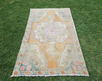 4'4'' x 7'6'' Vintage Oushak Rug, Vintage Turkish Distressed Rug, Low Pile Worn Oushak Rug, Muted Color Carpet, Rug, Rugs