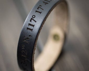Latitude Longitude Bracelet, Personalized Bracelet, GPS Coordinates, Leather Bracelet, Custom Coordinates Bracelet, Gift for him- Black