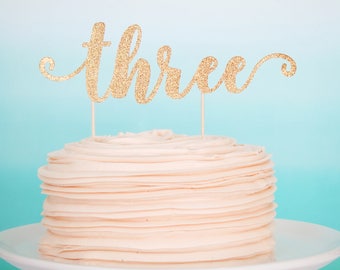 Three Cake Topper Third Birthday Cake Topper Pink and Gold 3rd Gold Glitter Three Topper Pink and Gold Third Gold Three Topper