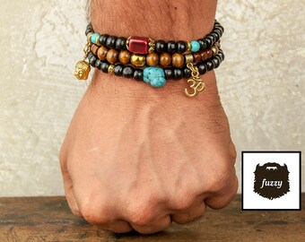 Raw turquoise bracelet, Mens bracelet set, Men buddha bracelet, Men Yoga bracelet, Turquoise bracelet, Men Om Bracelet, Yoga Bracelet set