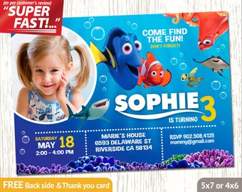 FINDING DORY PHOTO Invitation, Finding Dory Invitation, Finding Dory Birthday Invitation, Finding Dory Invite, Dory Thank You Card, v3u