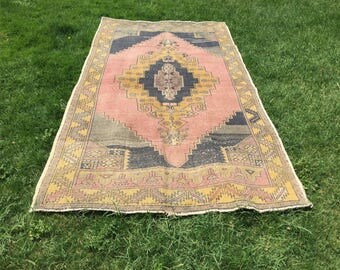Oushak rug, Turkish pink Rug,Tribal Caucasian Medallion Pattern Trending vintage Wool Rug,Eclectic rug bohemian furniture.148x267/4'8x8'7