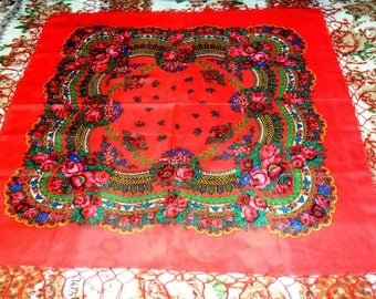 Vintage Large Red Ukrainian Shawl Chale russe Ukraine style shawl Shawl with tassels Russian flower scarf Slavic floral design Gift USSR