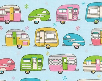 On The Road Metallic Camper Vans/Caravans Cotton Fabric - Robert Kaufman - by Fat Quarter (UK)
