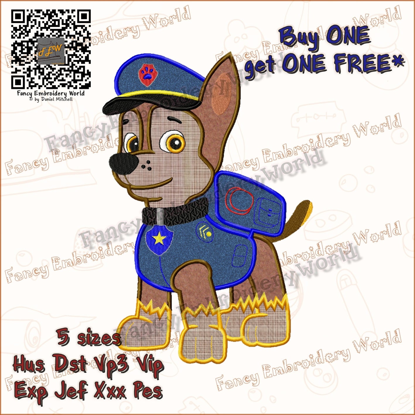 PAW Patrol Chase applique embroidery design machine