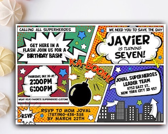 Comic Super hero Invitation, Superhero comic, Superhero Birthday Invitation, Superhero Invite, Superhero Printable, Boy Birthday Invitations