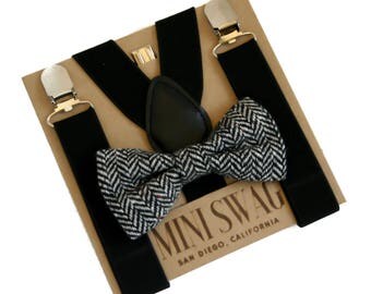 1st Birthday Boy Outfit, Black Boys Bow Tie Set, Cake Smash Outfit, Black Suspenders, Wool Herringbone Bow Tie, Baby Bow Tie Outfit