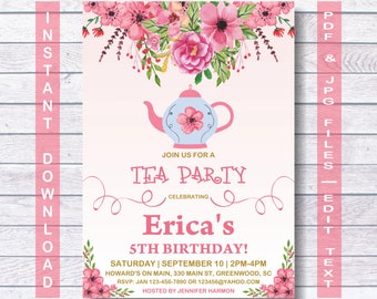 Tea Party Birthday Invitation, Instant Download, Tea Birthday Invitation, Tea Party Birthday, Tea Party, Tea Invitation