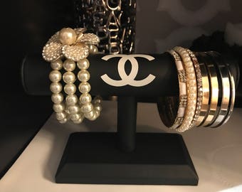 Black Leather T-Bar Bracelet Chanel Inspired Designer