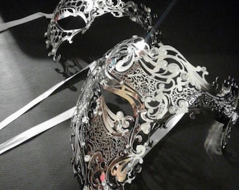 Couples Masquerade Masks, Metal Phantom Men Women Venetian Eye Party Masquerade Masks Half Skull White Costume Prom Bdsm Couple Mask