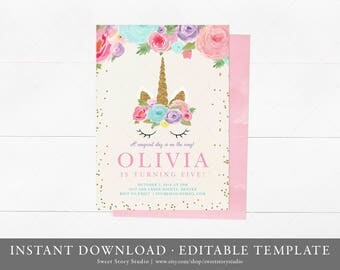 Instant Download | Glitter Unicorn Birthday Invitation Card | Editable | Watercolor Magical Pink Blush Gold