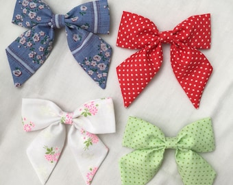 Sailor style bow made from vintage swiss dot flocked fabric