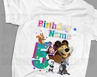 Design birthday t-shirts Masha and The Bear for kids (boys and girls), made by 100% cotton for the special occasion of your sunshine