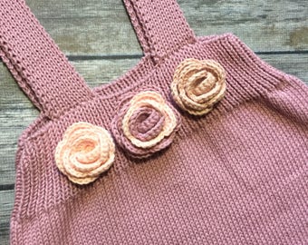 Organic cotton knitted baby skirt on straps 18-24m 3D flowers