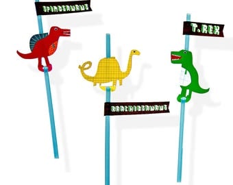 24 Dinosaur Straws With Name Flag Stickers, Party Straws, Dinosaur Party Decorations, Dinosaur party, Dinosaur party decor, 1st birthday