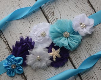 Blue Purple white sash ,flower Belt, maternity sash, wedding sash, flower girl sash, maternity sash belt