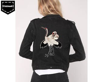Extra Large Iron on Patch Crane Embroidered Patch Denim Jacket Crane Patch Aesthetic Patch Cool Iron on Patch Large Back Patch Denim Jacket