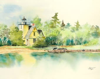 Lighthouse giclee print or original watercolor painting of the lighthouse at Bete Grise on Lake Superior, near Lac La Belle in Michigan.