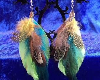 Brown yellow black green feather earrings