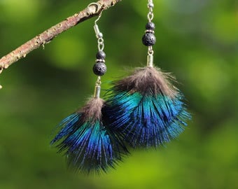 Earrings blue peacock feathers, lava, silver rondelle beads