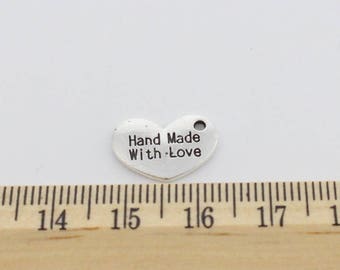 6 Hand Made With Love Heart Charms