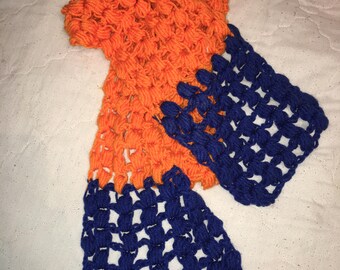 Crochet orange and blue scarf
