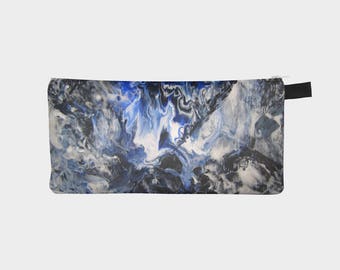 Blue Abstract Pencil Case Art Handmade Item Blue Marble Art Makeup Bag Phone Holder Zipper Pouch