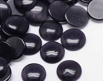 Set of 4 cabochons CatEye glass, black, 10 mm diameter, 3 mm thick