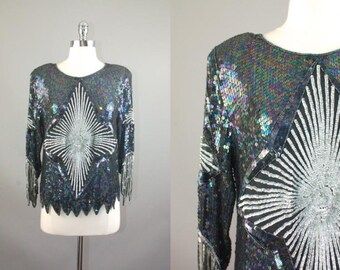 Vtg 80s Black / grey sequins / beads silk Big Star pattern blouse Deco trophy top S/M