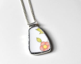Broken China Jewelry Pendant - Pink Corelle Flower