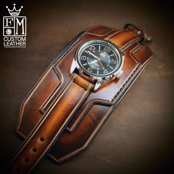 Leather cuff watch Brown Tobacco sunburst Super wide layered Brown watch band cuff Bracelet Handmade for YOU in NYC by Freddie Matara