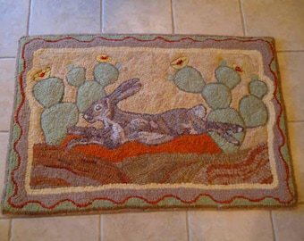 Desert Jack Rabbit and cactus rug hooking pattern