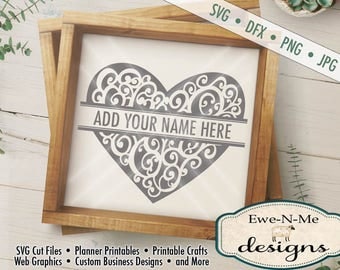 Valentine SVG File - Heart SVG - Split Heart with Swirls - Add Your Own Name - Commercial Use SVG File - Digital svg, dfx, png and jpg