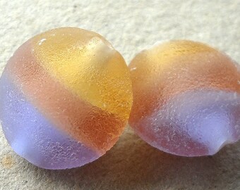 Handmade lampwork bead- glass bead lentil pair with rustic stone texture in champagne yellow, light rose, and lavender