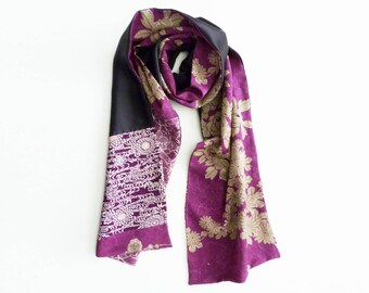Silk scarf, purple kimono fabric, vintage floral Japanese kimono fabric