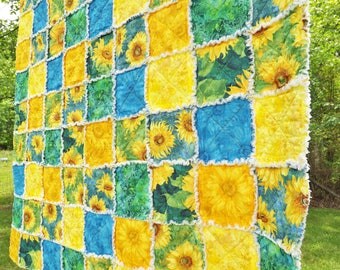 Sunflowers Lap Rag Quilt - Blue and Yellow Quilt - Sunflower Quilt - Floral Rag Quilt - Summer Lap Quilt