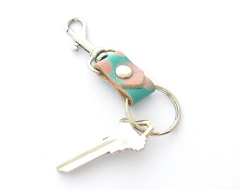 Aqua Leather Key Fob, Swivel Clip Key Ring, Leather Key Ring, Flower Leather Keychain, Pink and Aqua, 3rd Anniversary, Hand Painted Leather