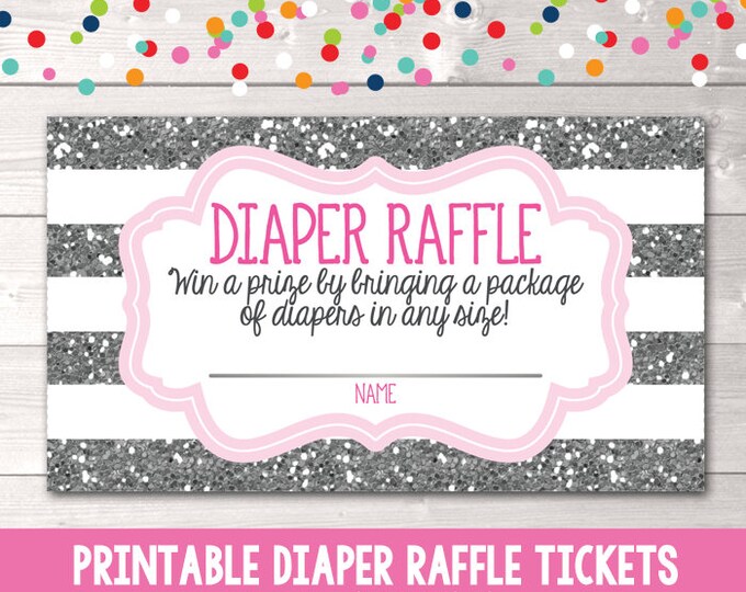 Instant Download Printable Diaper Raffle Ticket Girls Pink & Silver Glitter Diaper Raffle Card PDF for Baby Showers